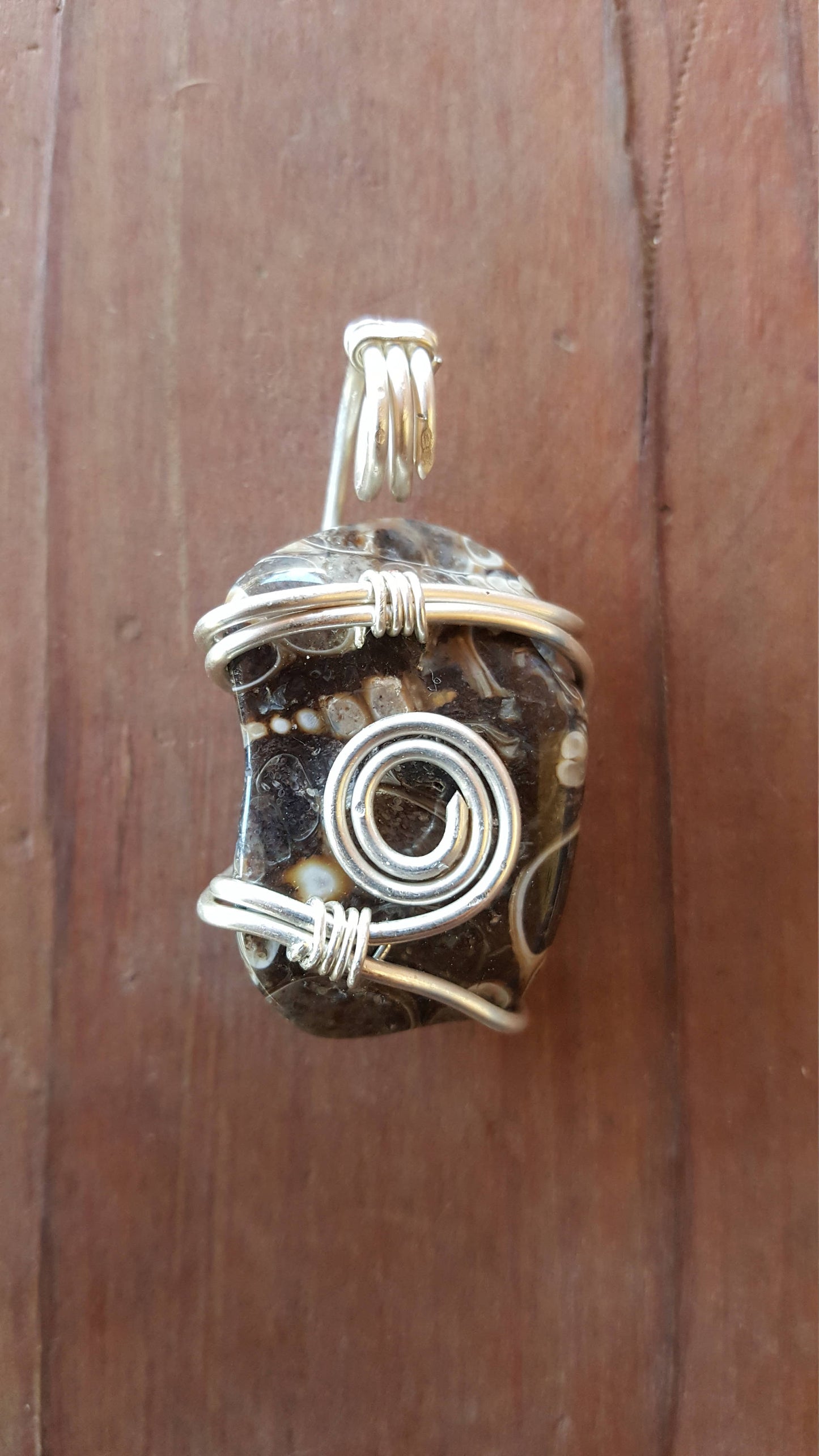 Argentium Silver Twisted Wire Pendant Wrapped Wire Turritella Fossil Agate Black Gray Shells