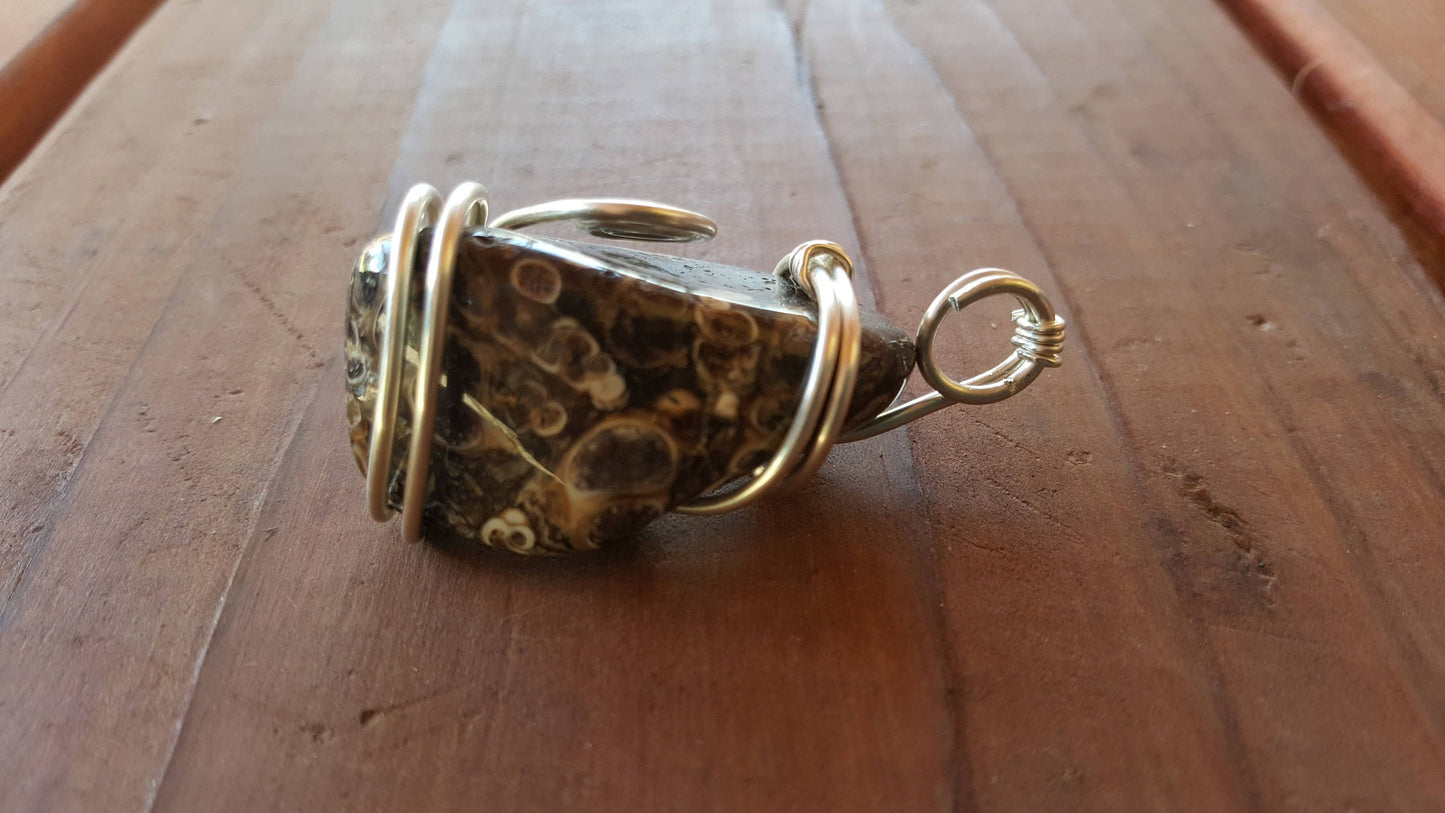 Argentium Silver Twisted Wire Pendant Wrapped Wire Turritella Fossil Agate Black Gray Shells