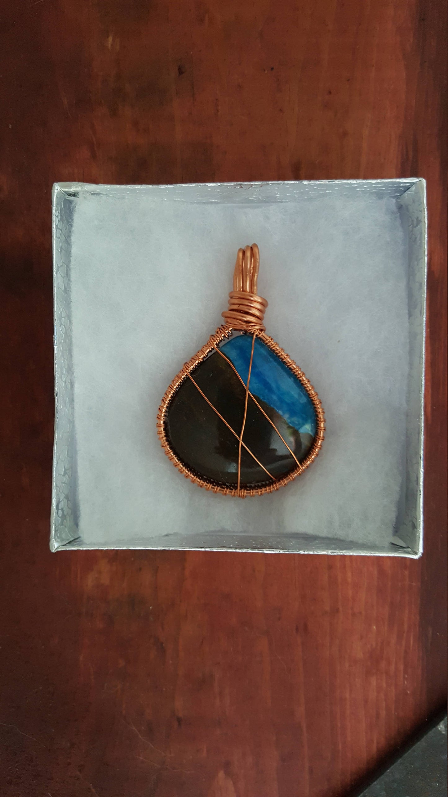 Pure Copper Woven Wire Framed Pendant Wrapped Wire Teardrop Calcedony Quartz & Jasper Cabochon