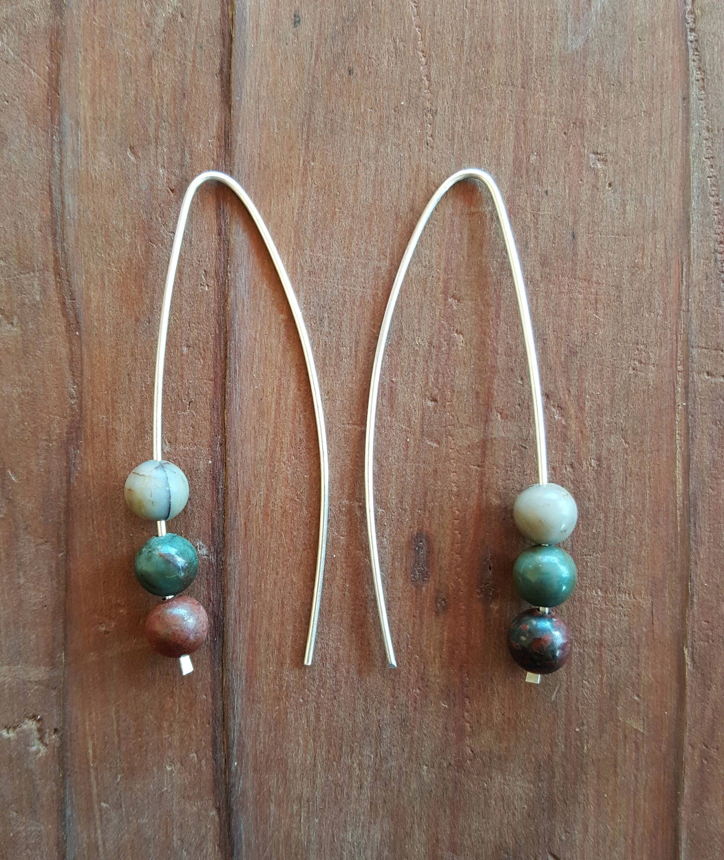 Natural Color Picasso Jasper Stone Bead Elbow Bend Drop Earrings Argentium Silver