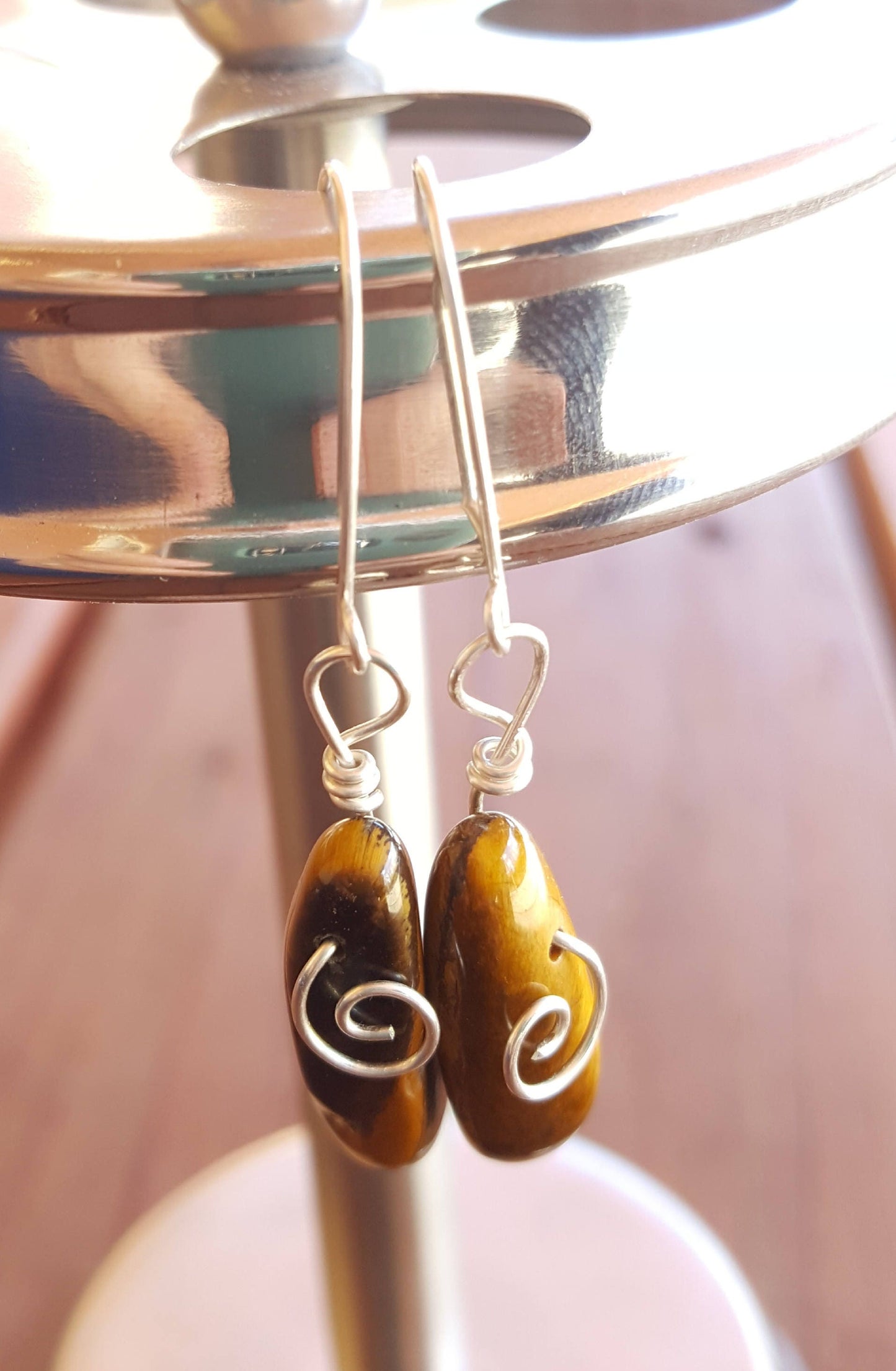 Brown Tiger's Eye Stone Quartz Bead Hook Bend Drop Earrings Argentium Silver Hooks