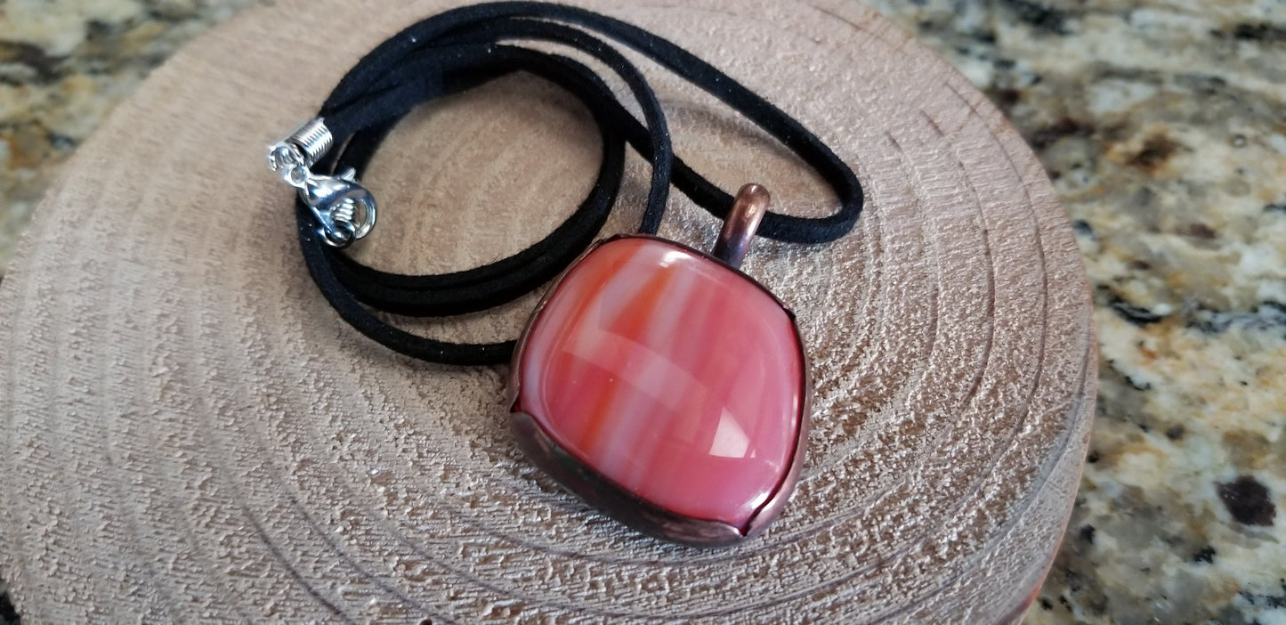 Pure Copper Bezel Framed Pendant Pink White Glass Cabochon Faux Leather Necklace