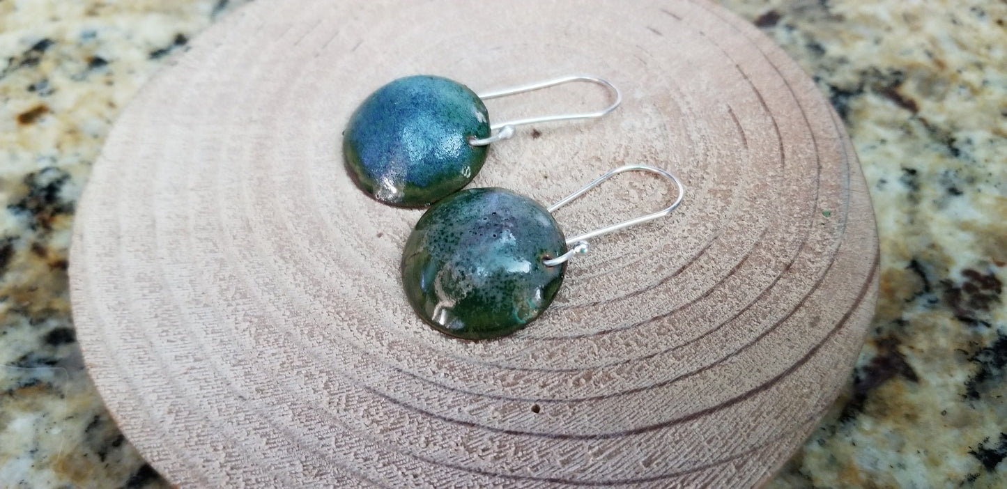 Domed Copper Discs With Speckled Green Blue Textured Enamel Drop Earrings Fine Silver Hooks
