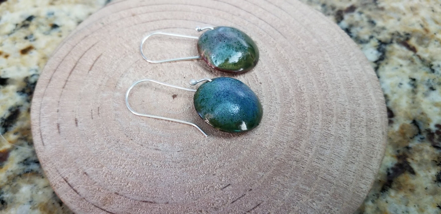 Domed Copper Discs With Speckled Green Blue Textured Enamel Drop Earrings Fine Silver Hooks