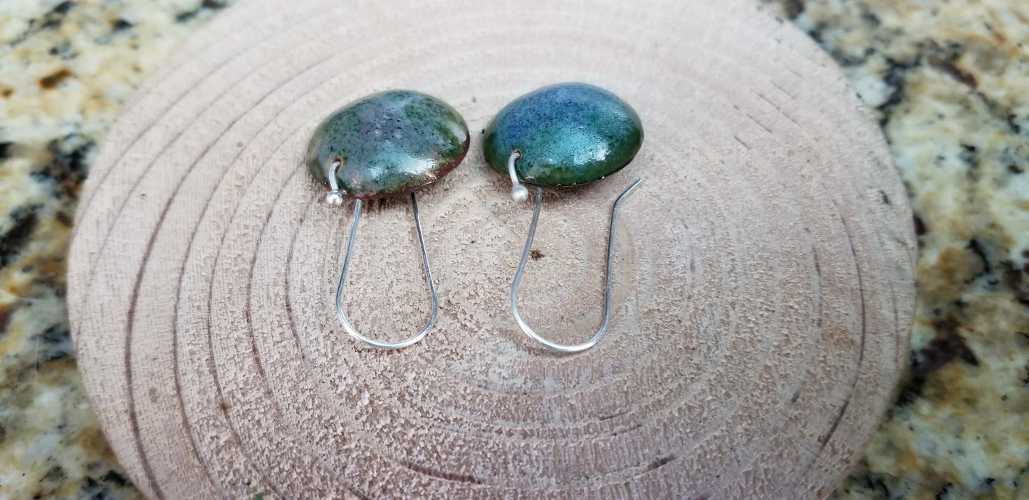 Domed Copper Discs With Speckled Green Blue Textured Enamel Drop Earrings Fine Silver Hooks