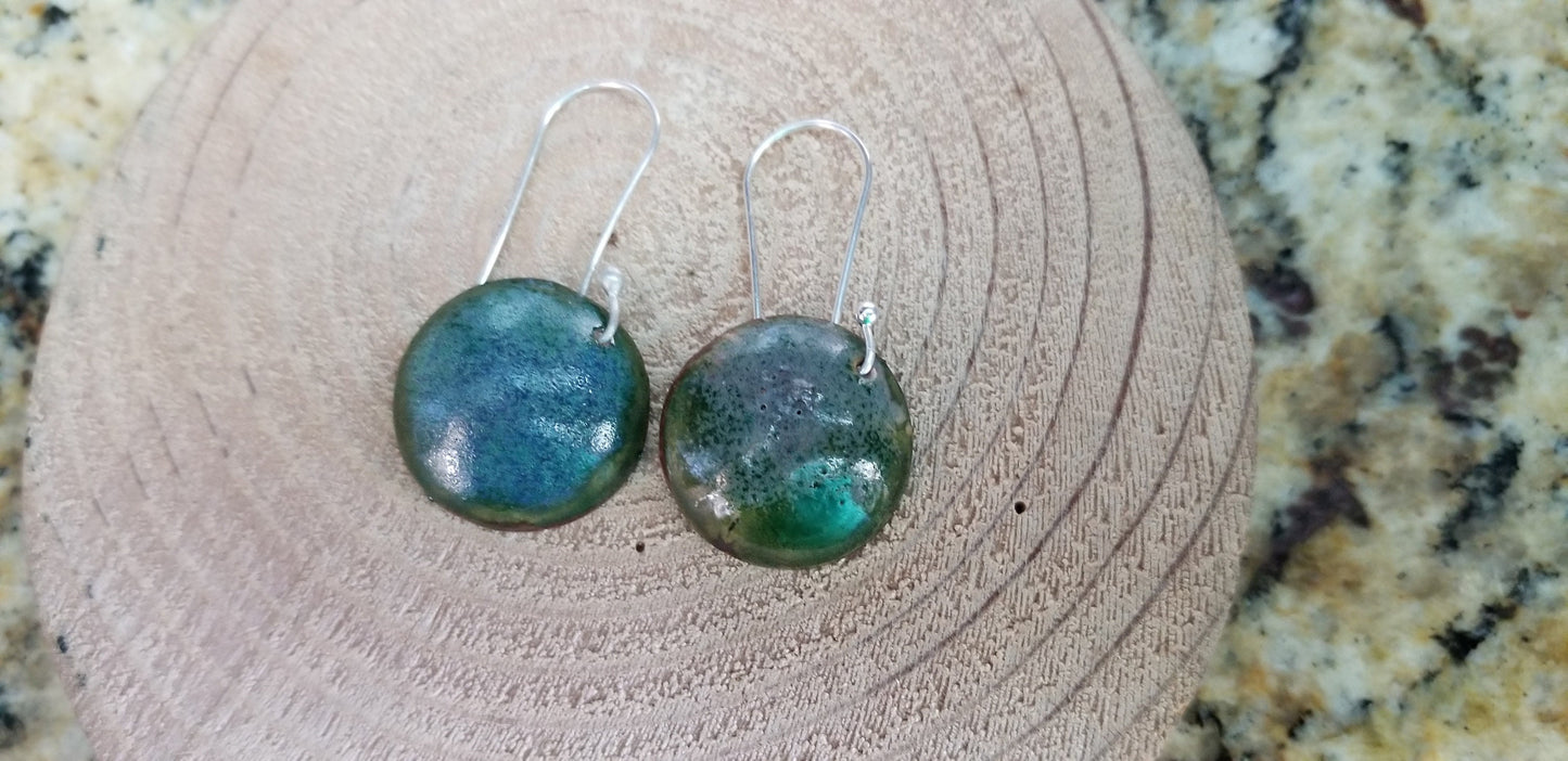 Domed Copper Discs With Speckled Green Blue Textured Enamel Drop Earrings Fine Silver Hooks