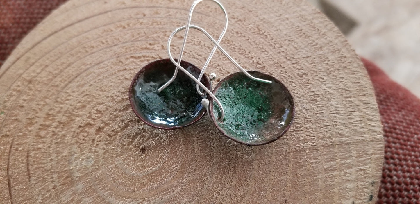 Domed Copper Discs With Speckled Green Blue Textured Enamel Drop Earrings Fine Silver Hooks