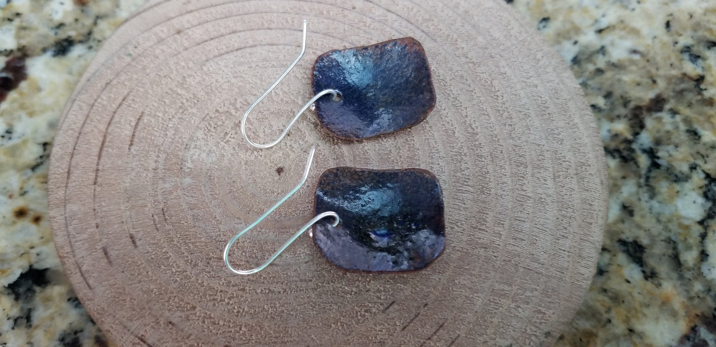 Domed Rectangular Copper Red Brown Blue Enameled Drop Earrings Fine Silver Hooks