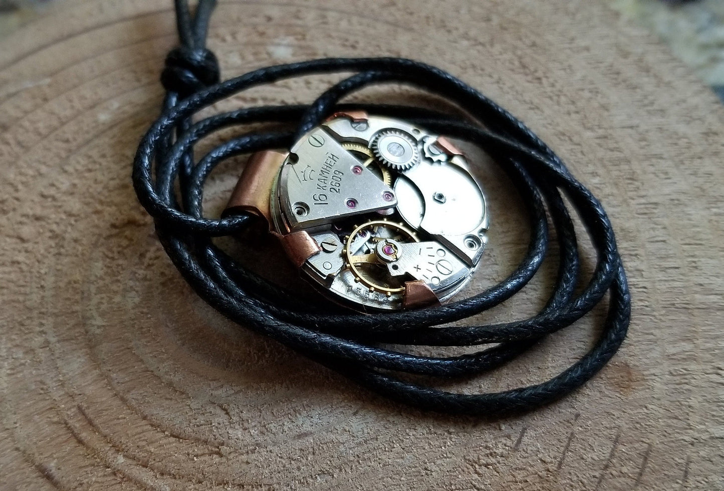 Pure Copper Prong Set Watch Movement Steampunk Pendant Cabochon Faux Leather Cord Clip