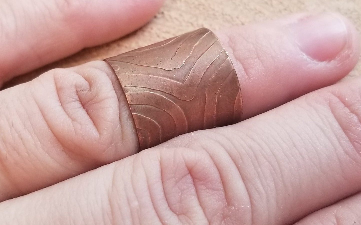 Pure Copper Sheet Wide Band Ring Etched Steampunk Women's Size 7.5