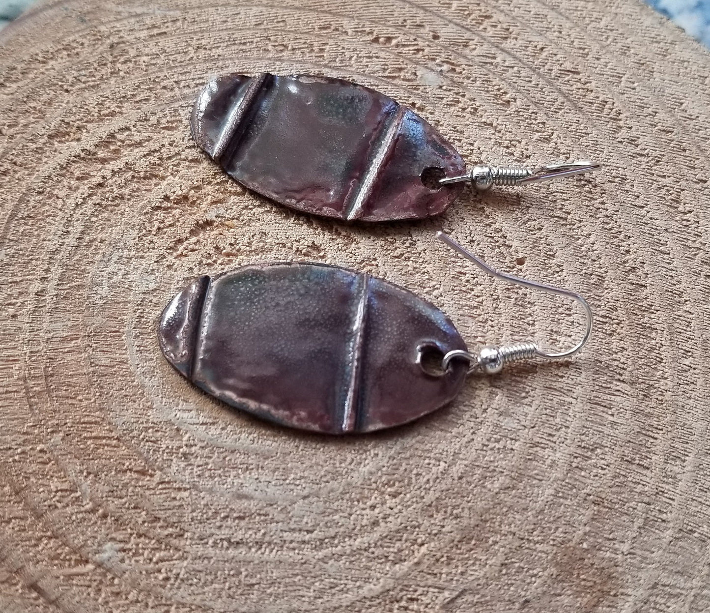 Folded Textured Copper With Teal Blue Enamel Patina Drop Earrings Silver Tone Hooks