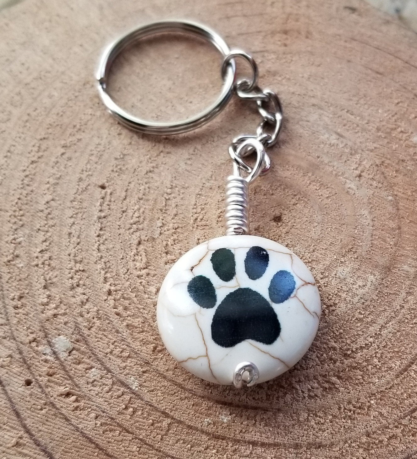 Off White Round Ceramic Dog Paw Print Split RIng Key Chain Remembrance Key Chain