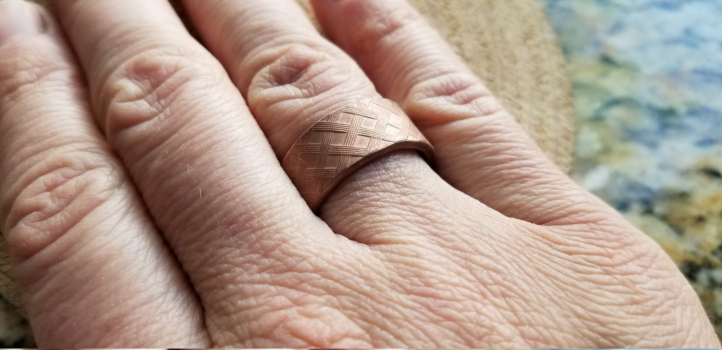 Pure Copper Sheet Basket Weave Wide Band Ring 8 Guage Steampunk Made to Order