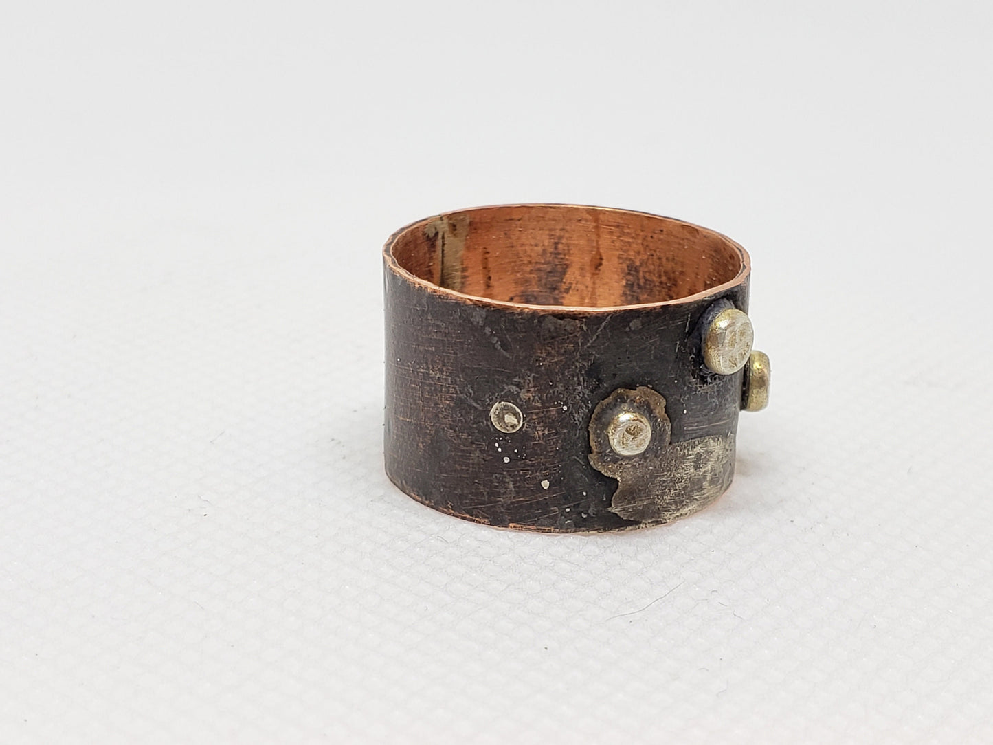 Recycled 24 Gauge Copper Wide Band Ring Silver Soldered Grains Patina Women's Size 10