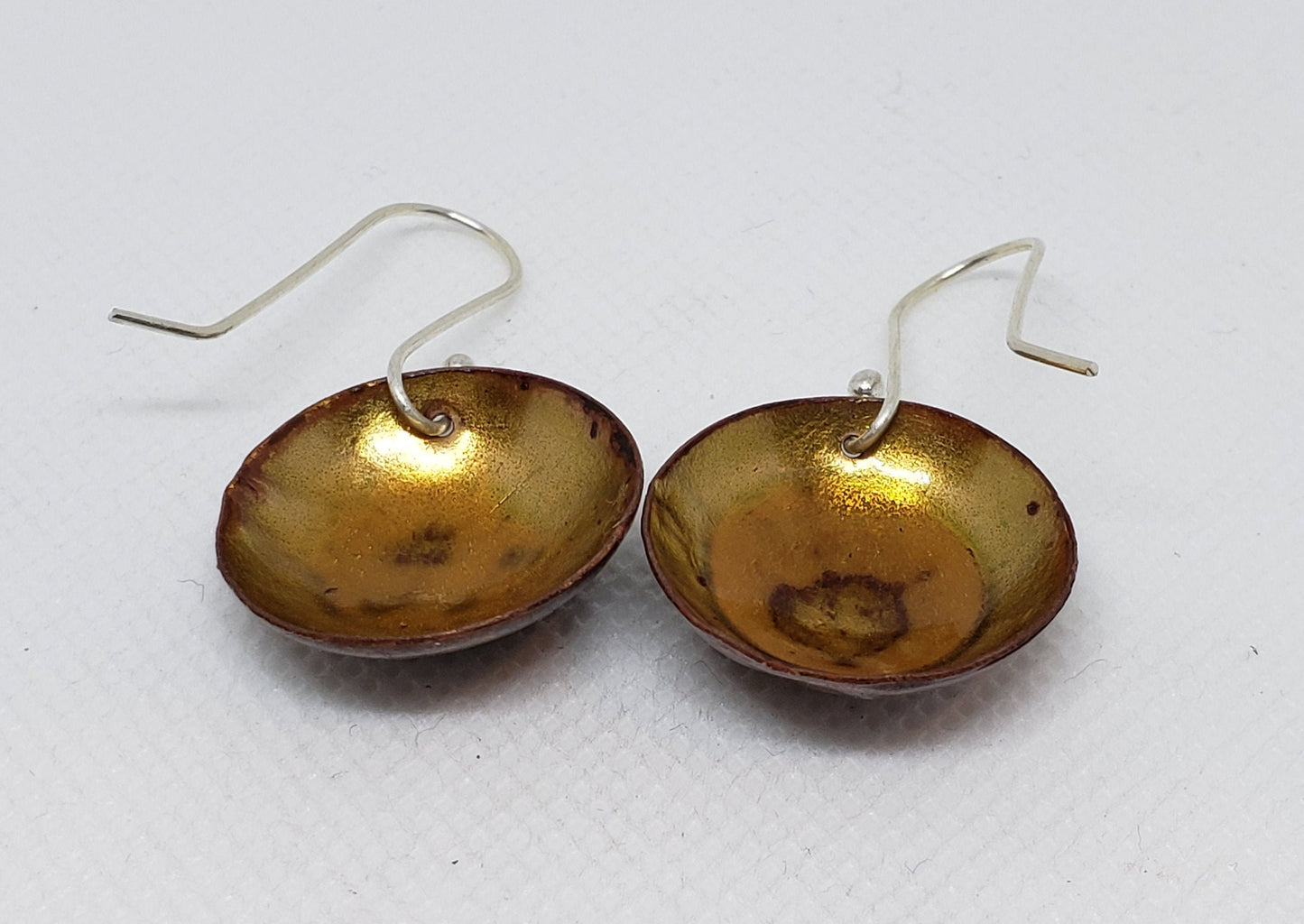 Domed Copper Discs With Mushroom Brown Enamel Drop Earrings Fine Silver Hooks