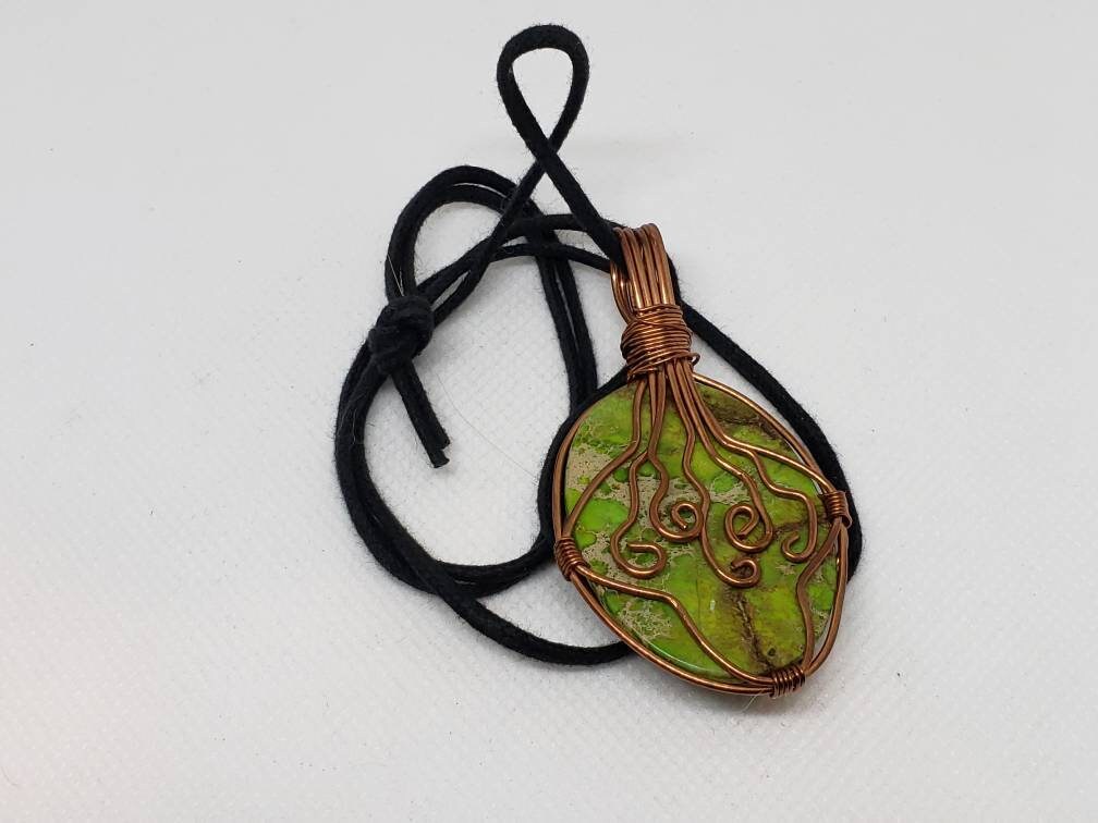 Pure Copper Woven Wire Framed Pendant Wrapped Wire Green Jasper Cabochon