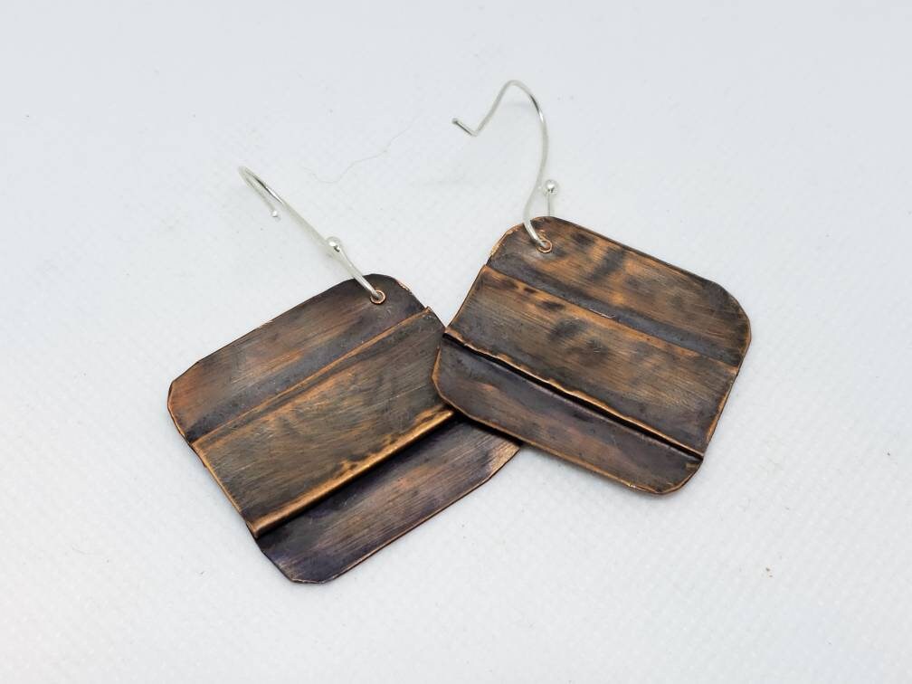 Textured Folded Copper Polished Drop Earrings Sterling Silver Hooks