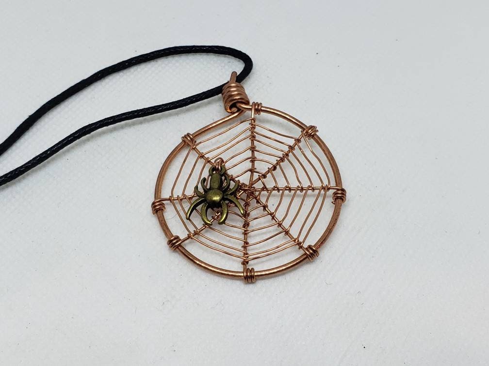 Pure Copper Twisted Wire Spider Web and Spider Pendant Ornament Halloween Fun