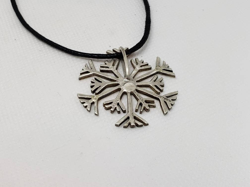 Hand Sawed Snowflake Sterling Silver Necklace Pendant Black Cotton Cord Repurposed