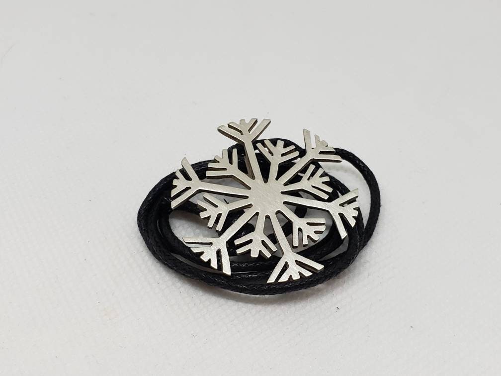 Hand Sawed Snowflake Sterling Silver Necklace Pendant Black Cotton Cord Repurposed