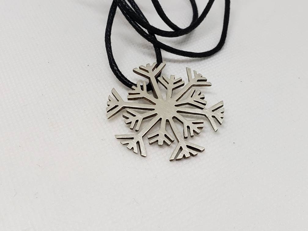 Hand Sawed Snowflake Sterling Silver Necklace Pendant Black Cotton Cord Repurposed