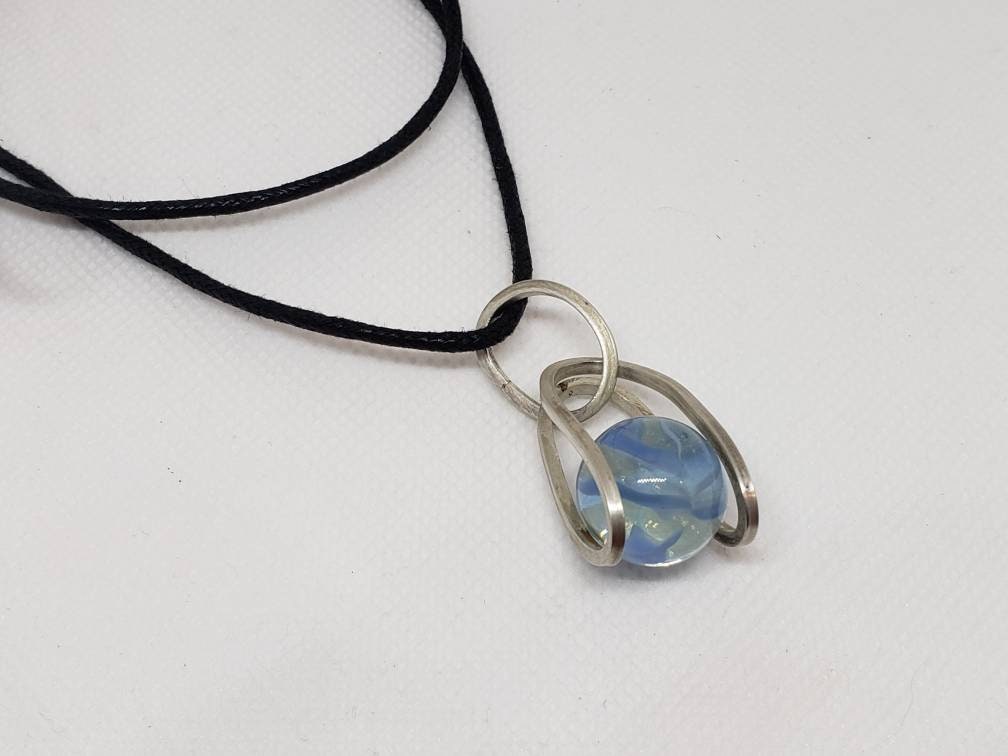 Sterling Silver Tension Set Blue Marble Pendant Handmade Black Cotton Cord Necklace