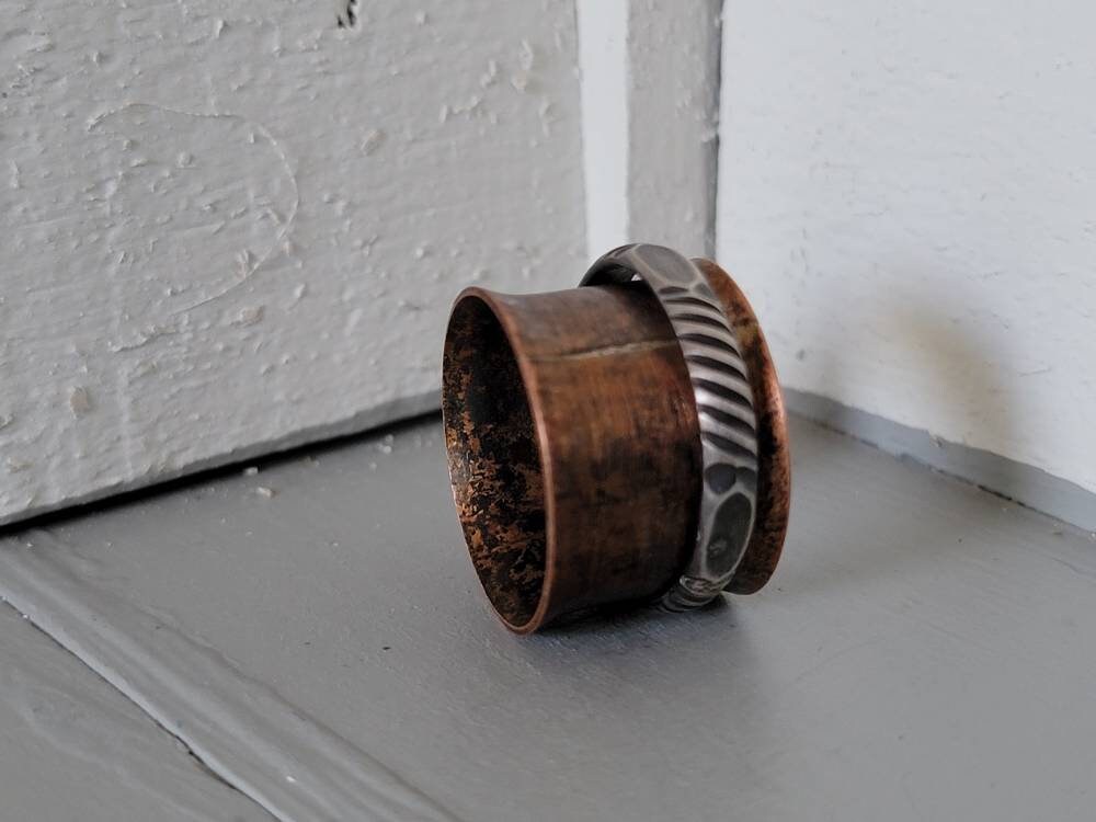 Copper Band Decorative Half Round Sterling Silver Spinner Ring Women's Size 8.25