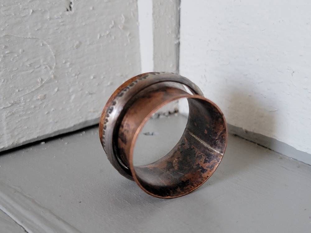 Copper Band Decorative Half Round Sterling Silver Spinner Ring Women's Size 9.25