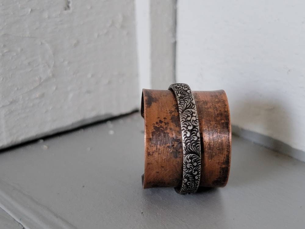 Corsetted Copper Band Decorative Half Round Sterling Silver Spinner Ring Women's Size 8