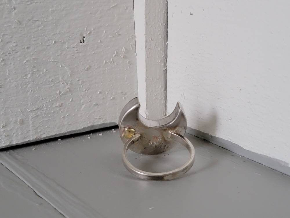 Sterling Silver Repurposed Earring and Bracelet Ring Size 9 Steampunk Recycled Stylized Moon Design Hollow Construction