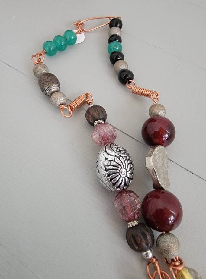 Recycled Vintage Beads Copper Wired Necklace with Glass Wishing Bottle Apothecary