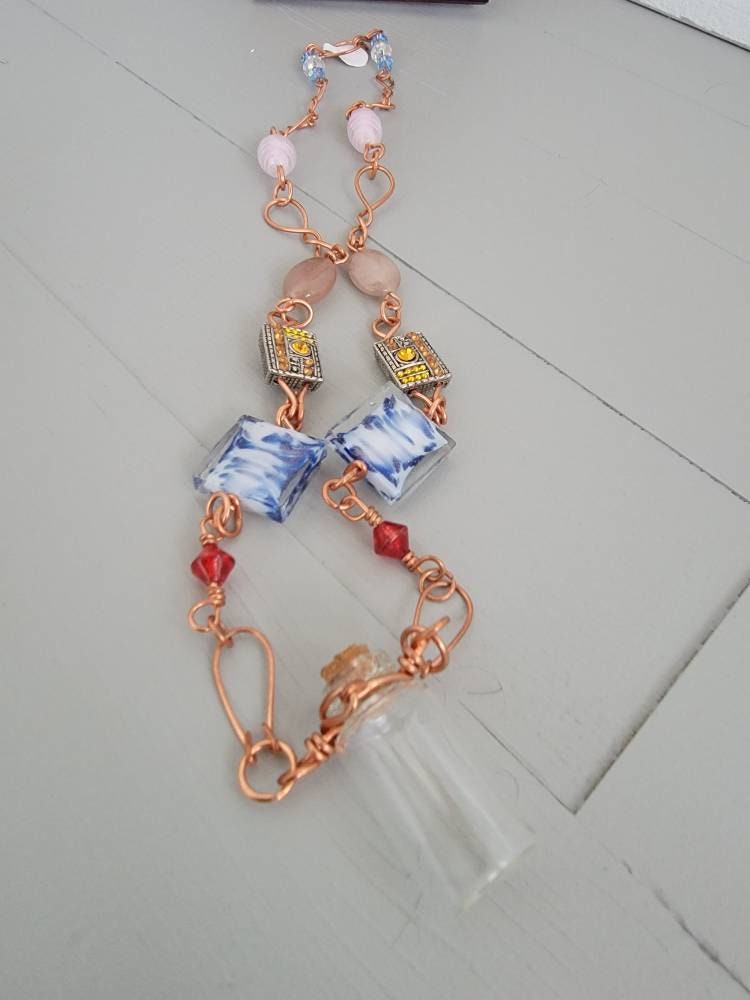 Recycled Vintage Beads Copper Wired Necklace with Glass Wishing Bottle Apothecary