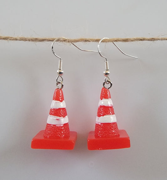 Orange Resin Traffic Cone Drop Earrings Hypoallergenic Ear Wires Novelty