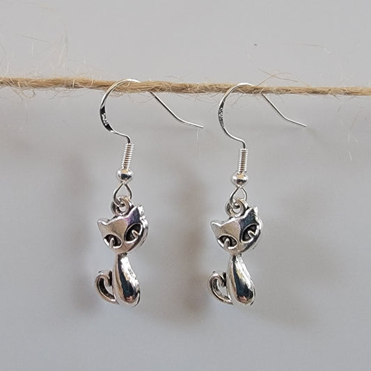 Stylized Metal Cat Drop Hook Earrings Hypoallergenic Ear Wires Novelty