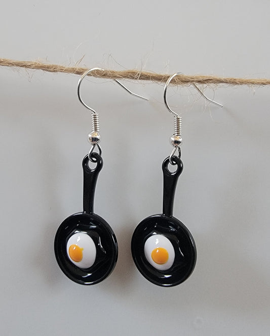 Metal And Resin Frying Pan Eggs Drop Hook Earrings Hypoallergenic Ear Wires Novelty