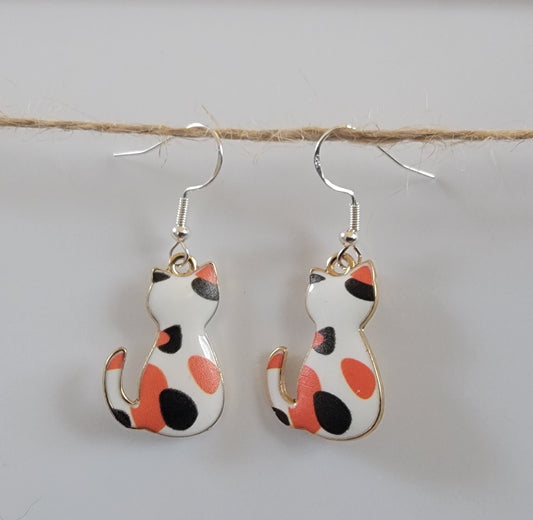 Lightweight Metal Calico Cat Drop Hook Earrings Hypoallergenic Ear Wires Novelty