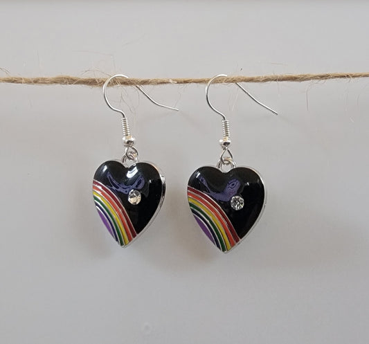 Black Rainbow Heart Drop Hook Earrings Hypoallergenic Ear Wires Novelty
