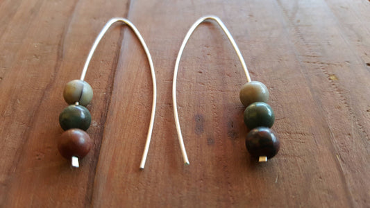 Natural Color Picasso Jasper Stone Bead Elbow Bend Drop Earrings Argentium Silver