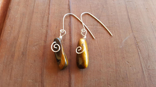 Brown Tiger's Eye Stone Quartz Bead Hook Bend Drop Earrings Argentium Silver Hooks