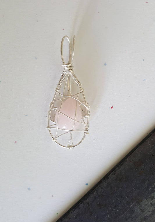 Argentium Silver Wrapped Wire Pendant Handmade Rose Quartz Oval Cabochon