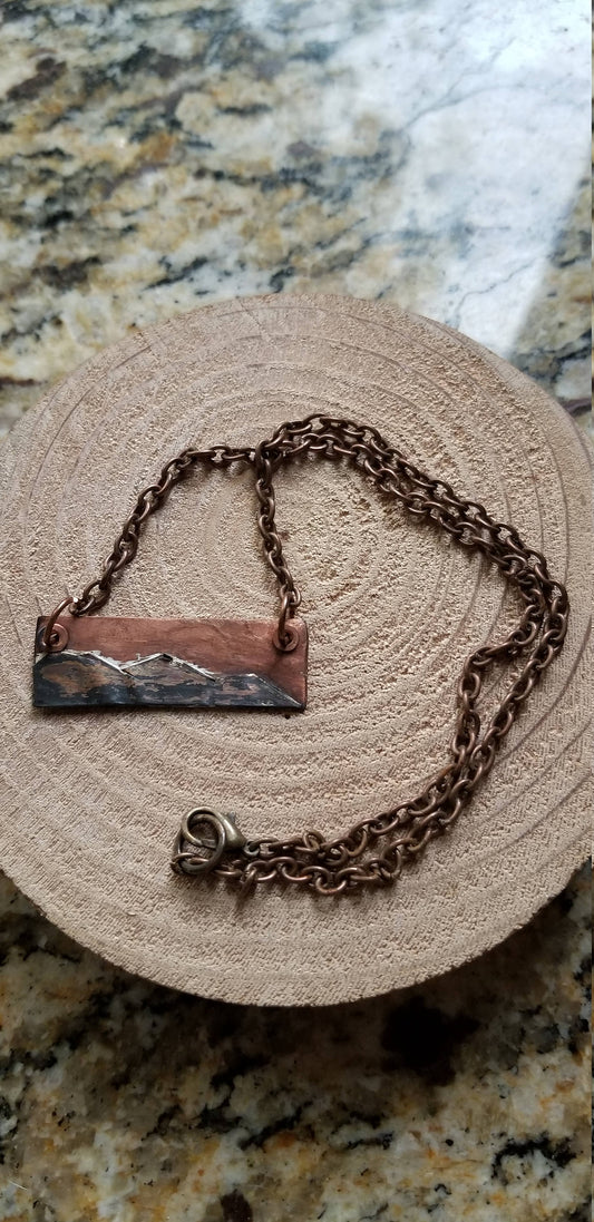 Copper On Copper Soldered "Mountains" Chain & Pendant 17 Inches Outdoors Landscape