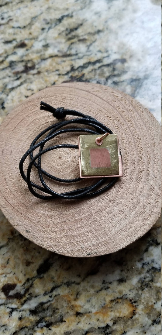 Brass Copper Square in Square Pendant Cotton Cord Necklace Handmade