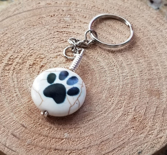 Off White Round Ceramic Dog Paw Print Split RIng Key Chain Remembrance Key Chain