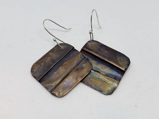 Textured Folded Copper Polished Drop Earrings Sterling Silver Hooks