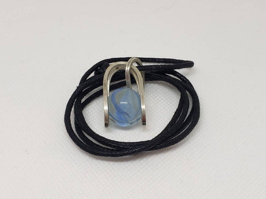 Sterling Silver Tension Set Blue Marble Pendant Handmade Black Cotton Cord Necklace