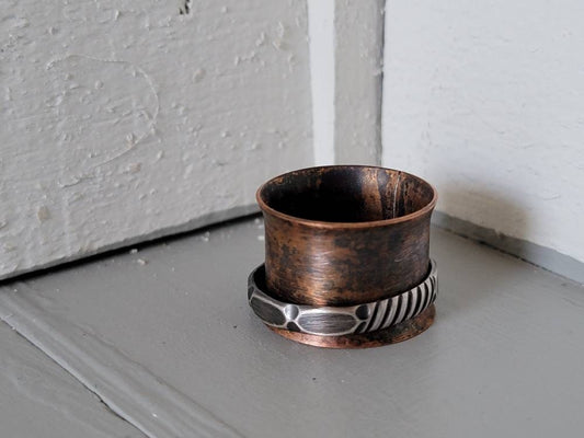 Copper Band Decorative Half Round Sterling Silver Spinner Ring Women's Size 8.25