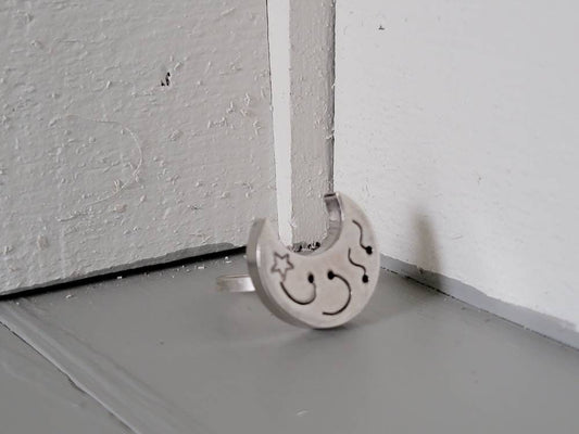 Sterling Silver Repurposed Earring and Bracelet Ring Size 9 Steampunk Recycled Stylized Moon Design Hollow Construction
